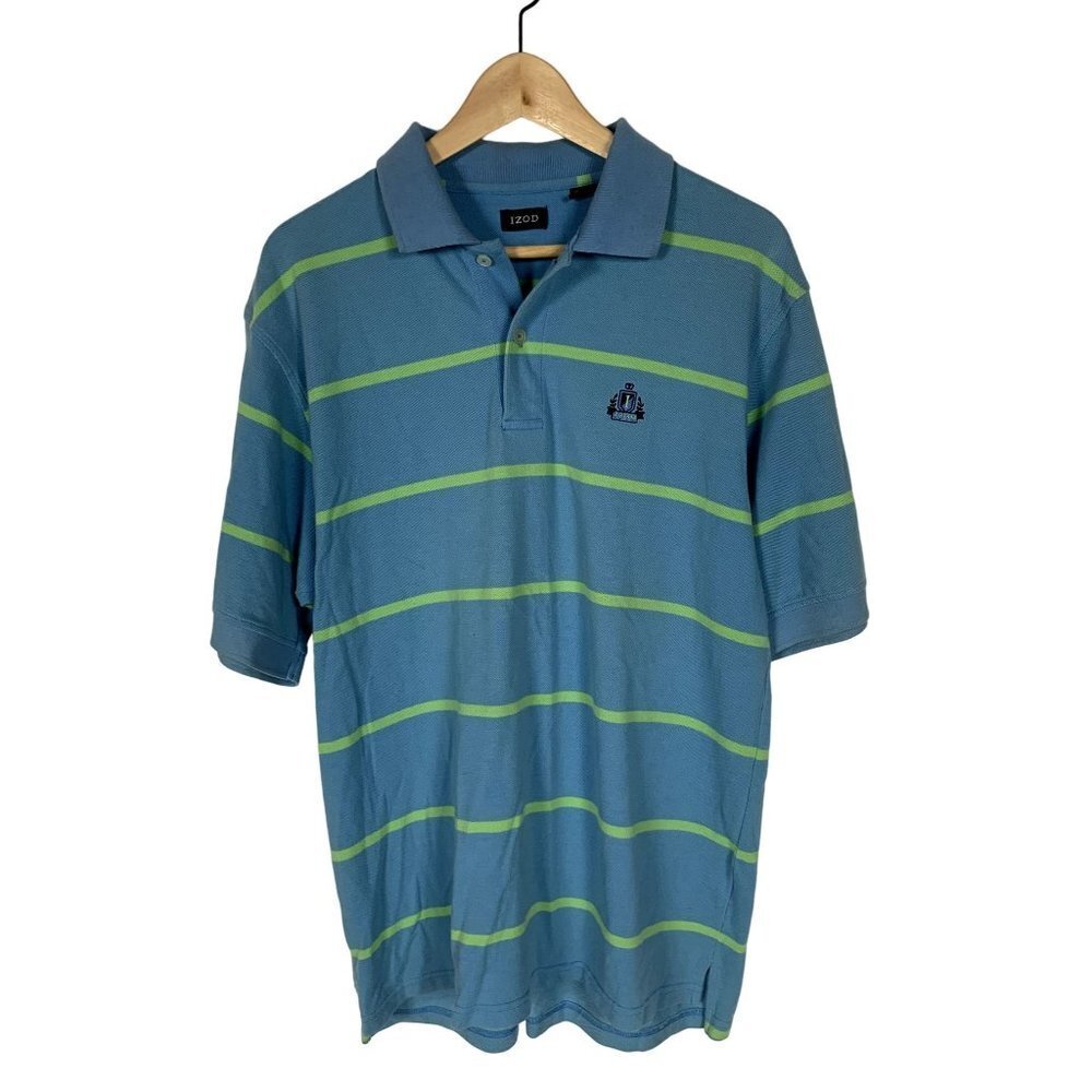 Izod Blue & Green Striped 100% Cotton Golf Polo Shirt Men’s Size Large